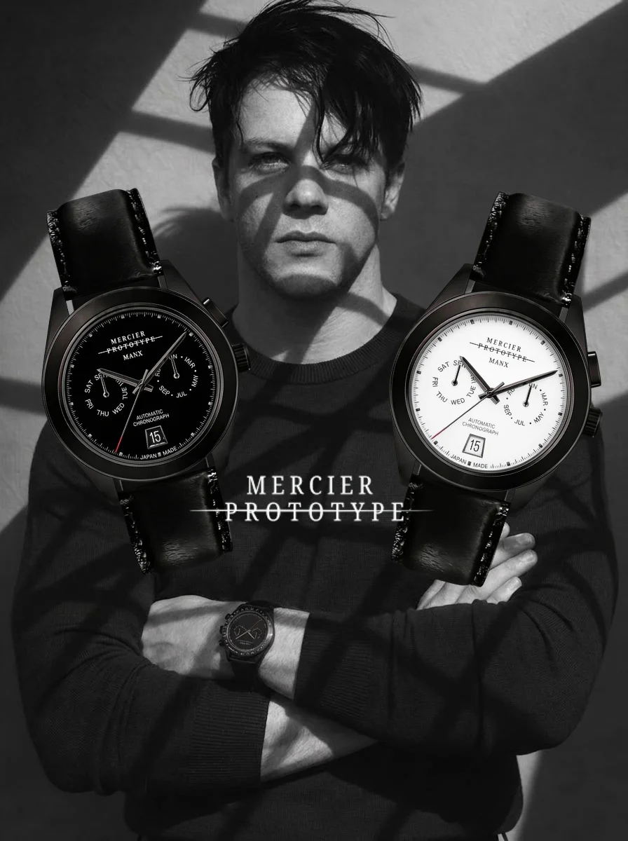 Black & white photo: Man with crossed arms, wearing a watch. Two large Mercier Prototype watches (black/white dials) float in front.