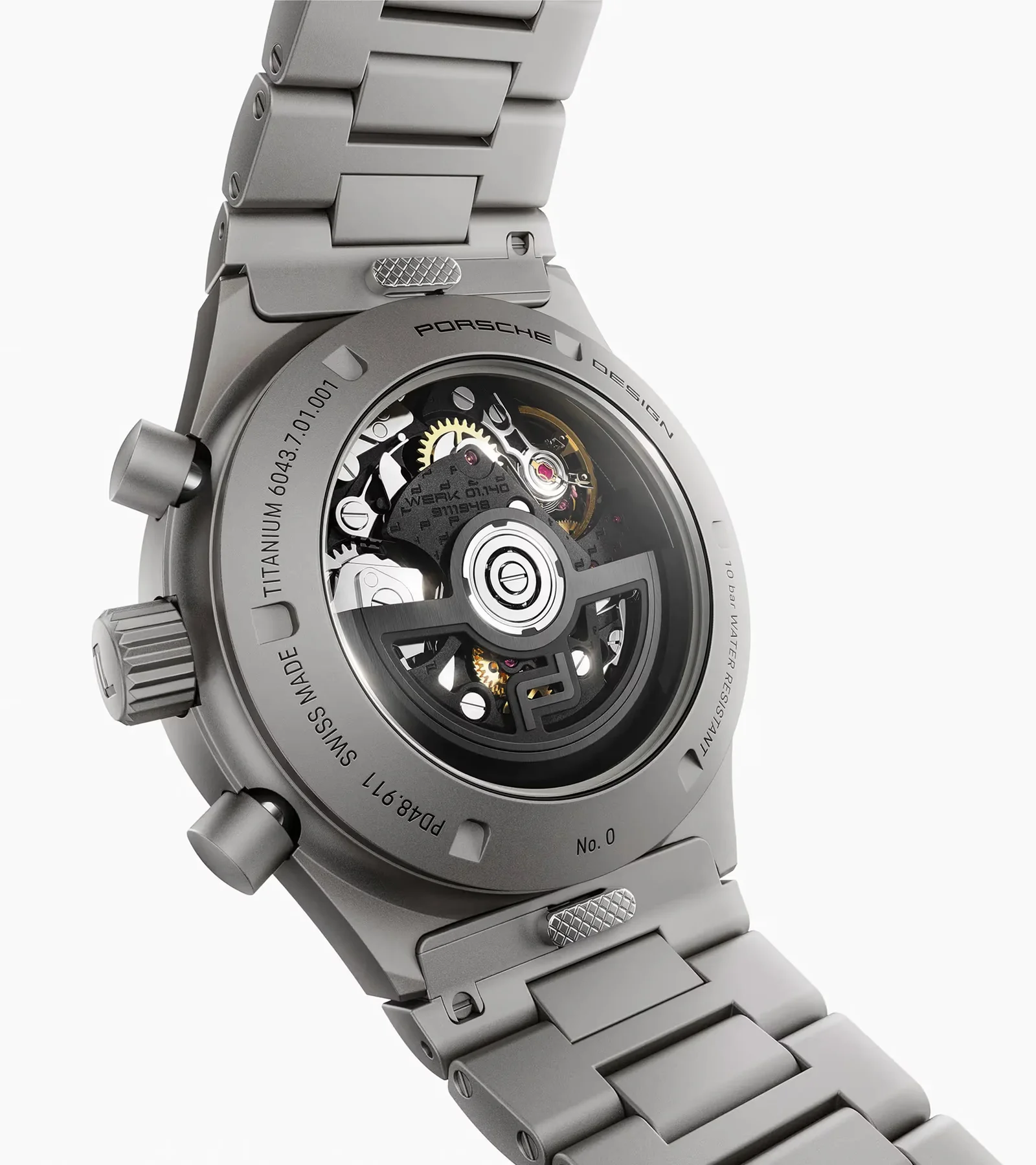 Titanium Porsche Design watch back, revealing its automatic chronograph movement through a sapphire exhibition case back.