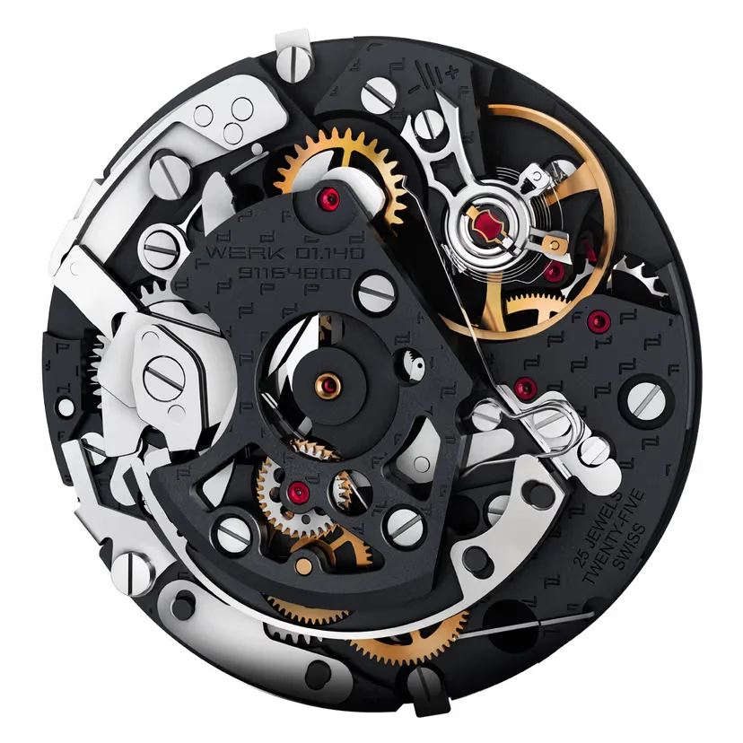 Close-up of Porsche Design calibre WERK 01.140 automatic chronograph movement.