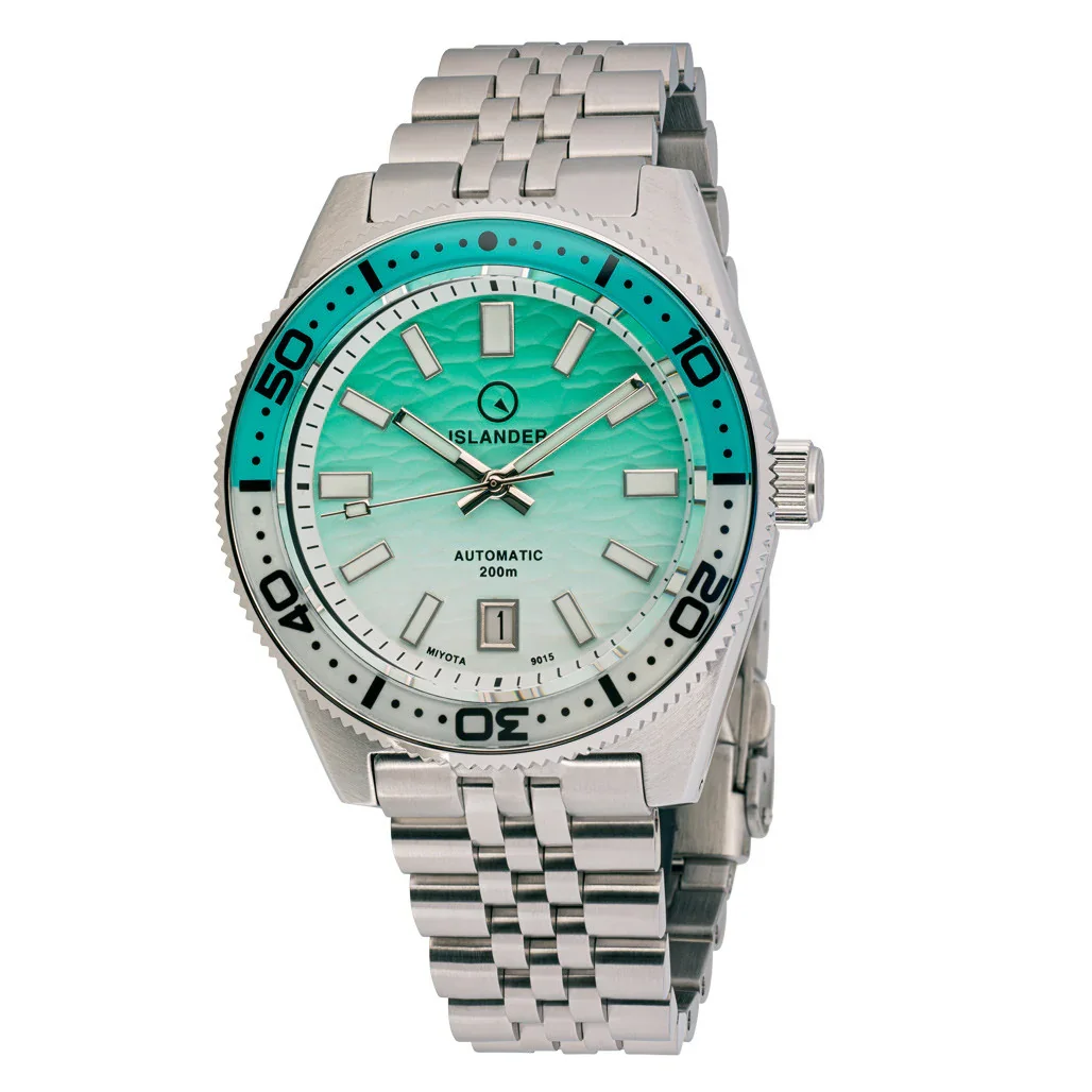 Islander steel dive watch with mint green wave-textured gradient dial, turquoise/silver bezel, and Jubilee bracelet.
