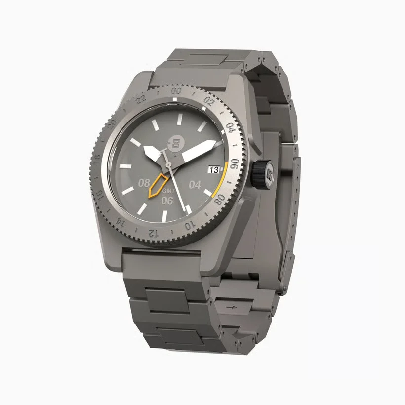 Grey GMT dive watch with metal bracelet, grey dial, white hands, orange GMT hand, date 13, on white background.