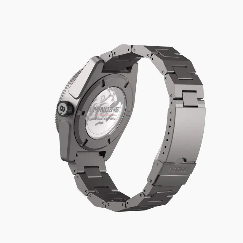 Minus-8 titanium watch, angled view, showing movement through exhibition case back and metal bracelet on white.