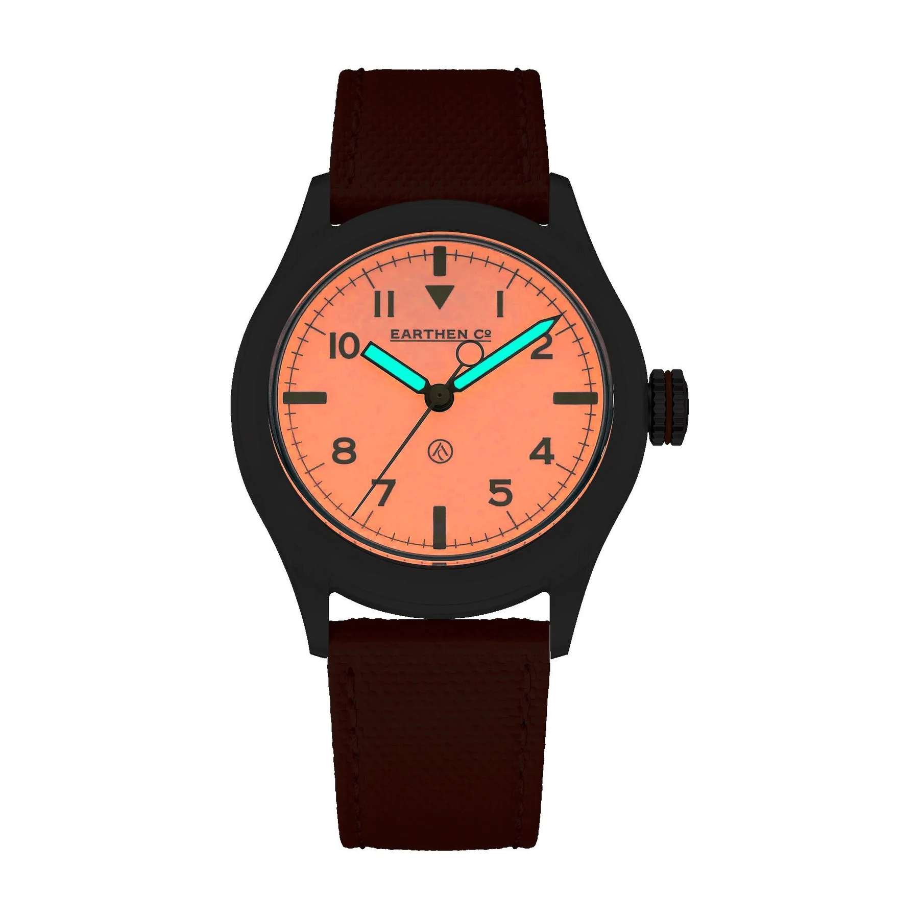 Black watch with a salmon dial, luminous aqua hands, a brown textured strap, and 
