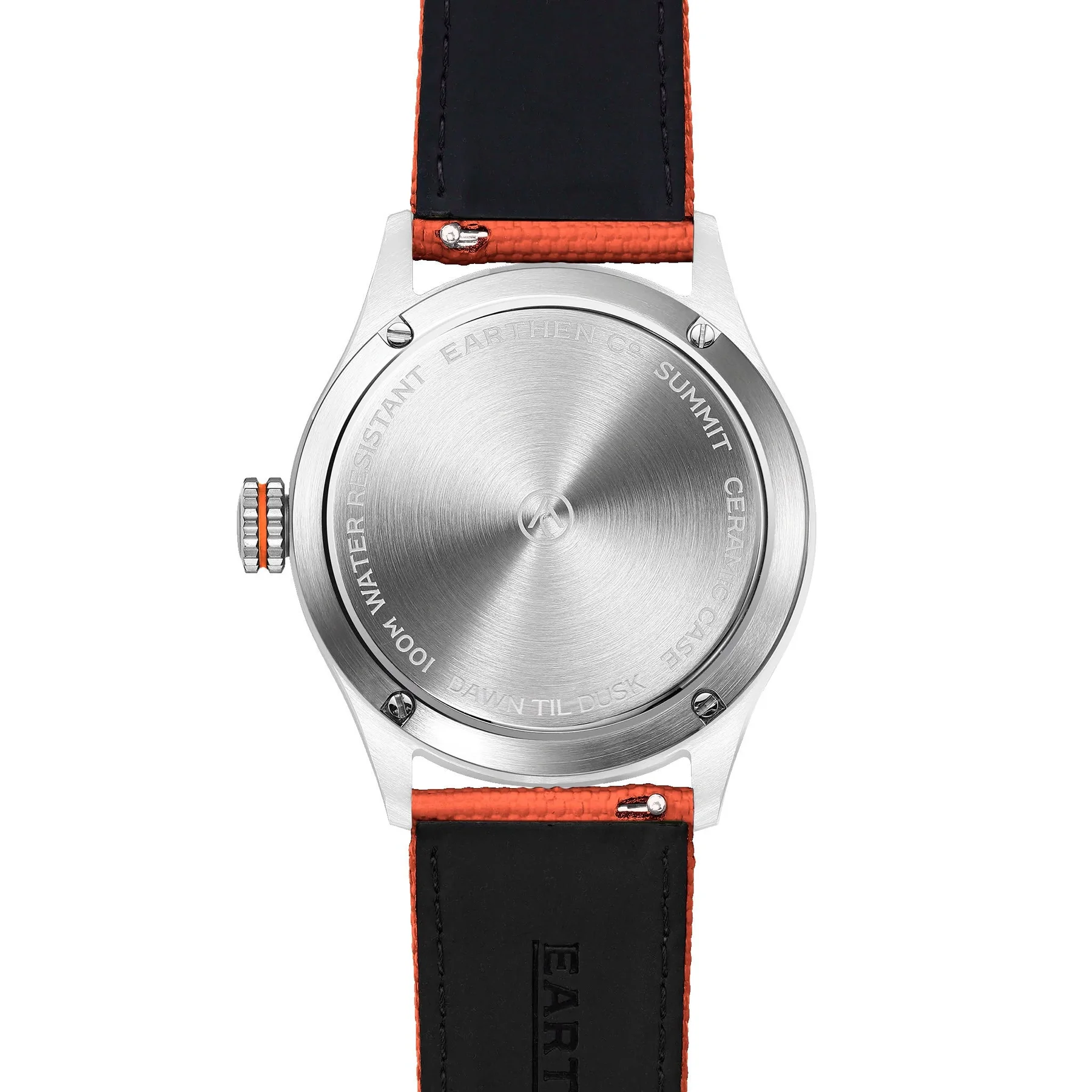Earthen Co Summit watch back: brushed steel case, engraved details, orange-lined black strap, ribbed crown.