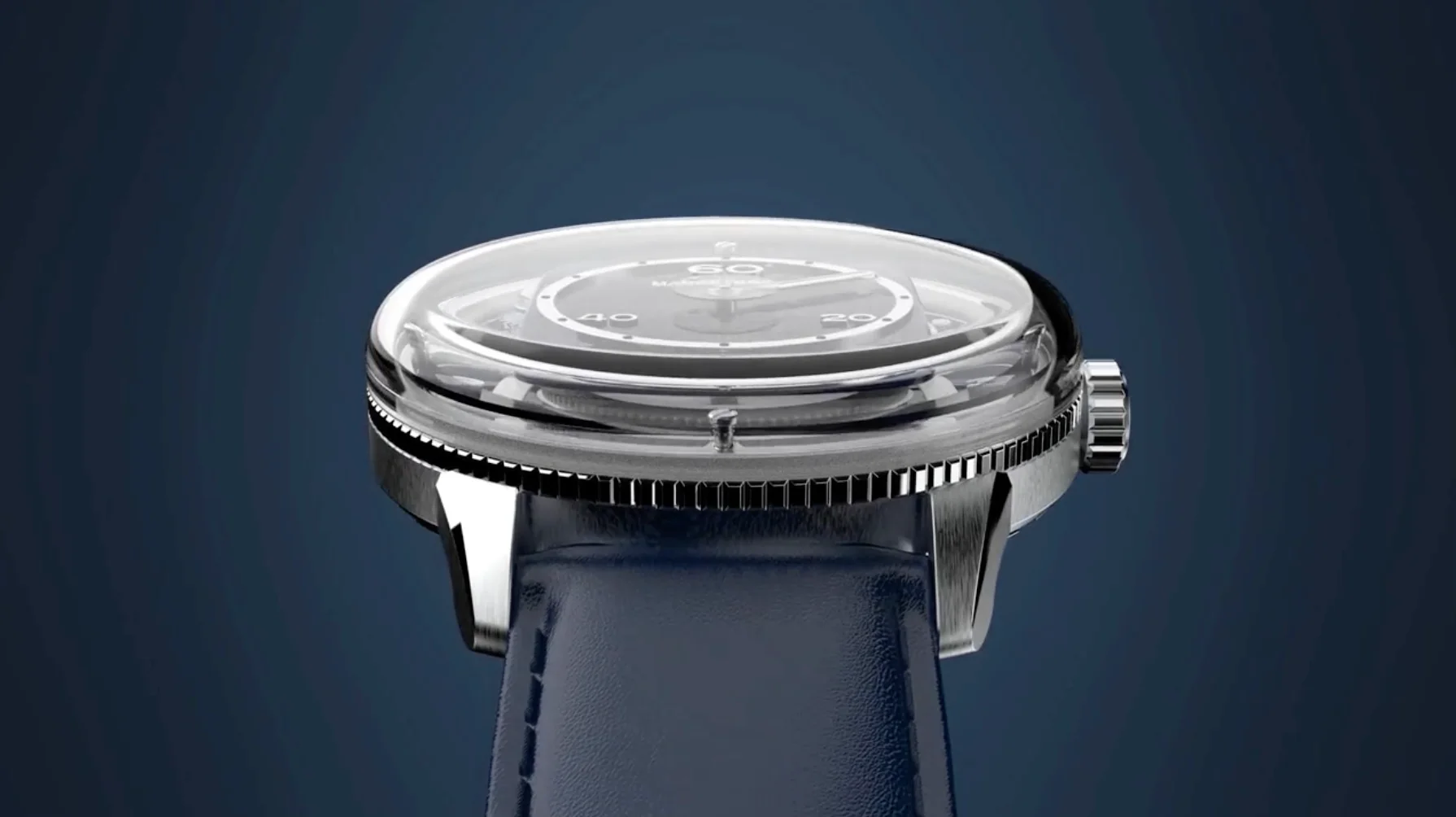 Luxury watch, side view. Silver case, ridged bezel, domed crystal, dark dial with Montblanc logo, blue leather strap.