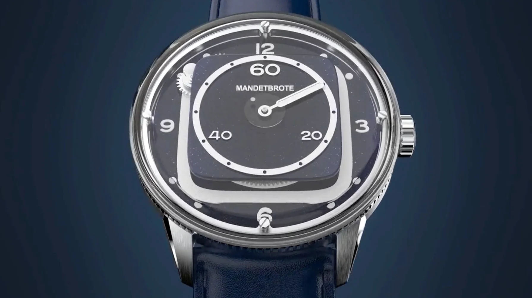 MANDETBROTE luxury watch with dark blue speckled dial, unique central square, white numerals/hands, silver case, blue strap.