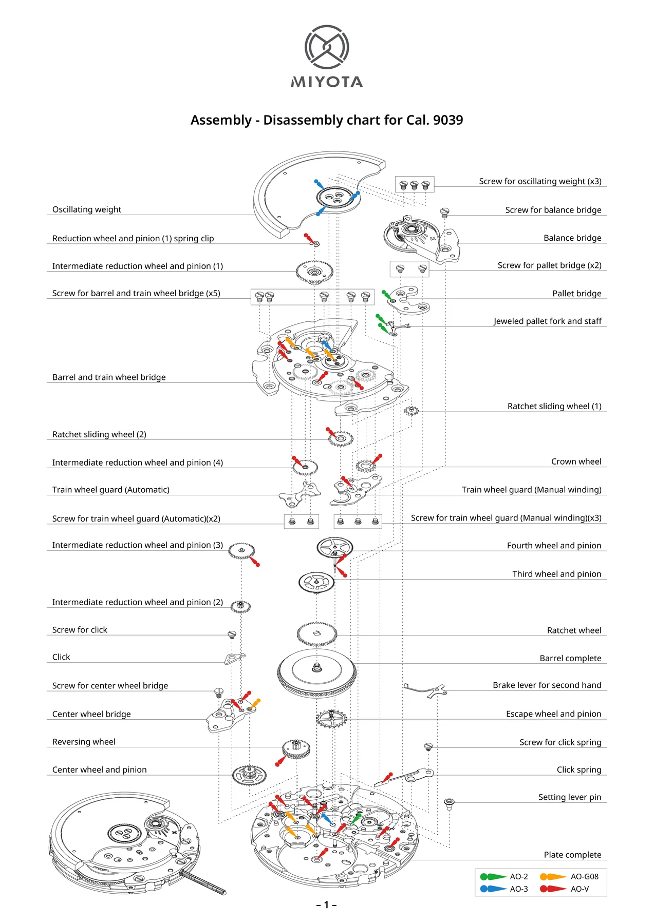 Miyota Cal. 9039 watch movement assembly chart, with exploded view of gears, screws, and bridges.