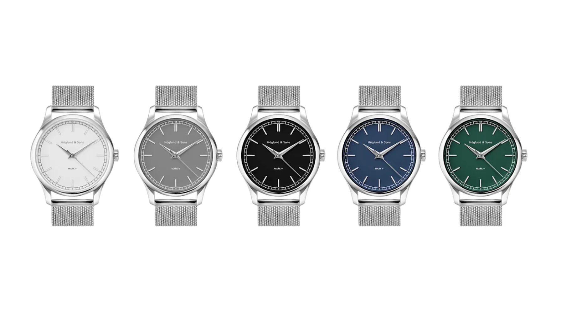 Five Hoglund & Sons Mark V watches with silver cases, mesh straps, and dials in white, grey, black, blue, green.