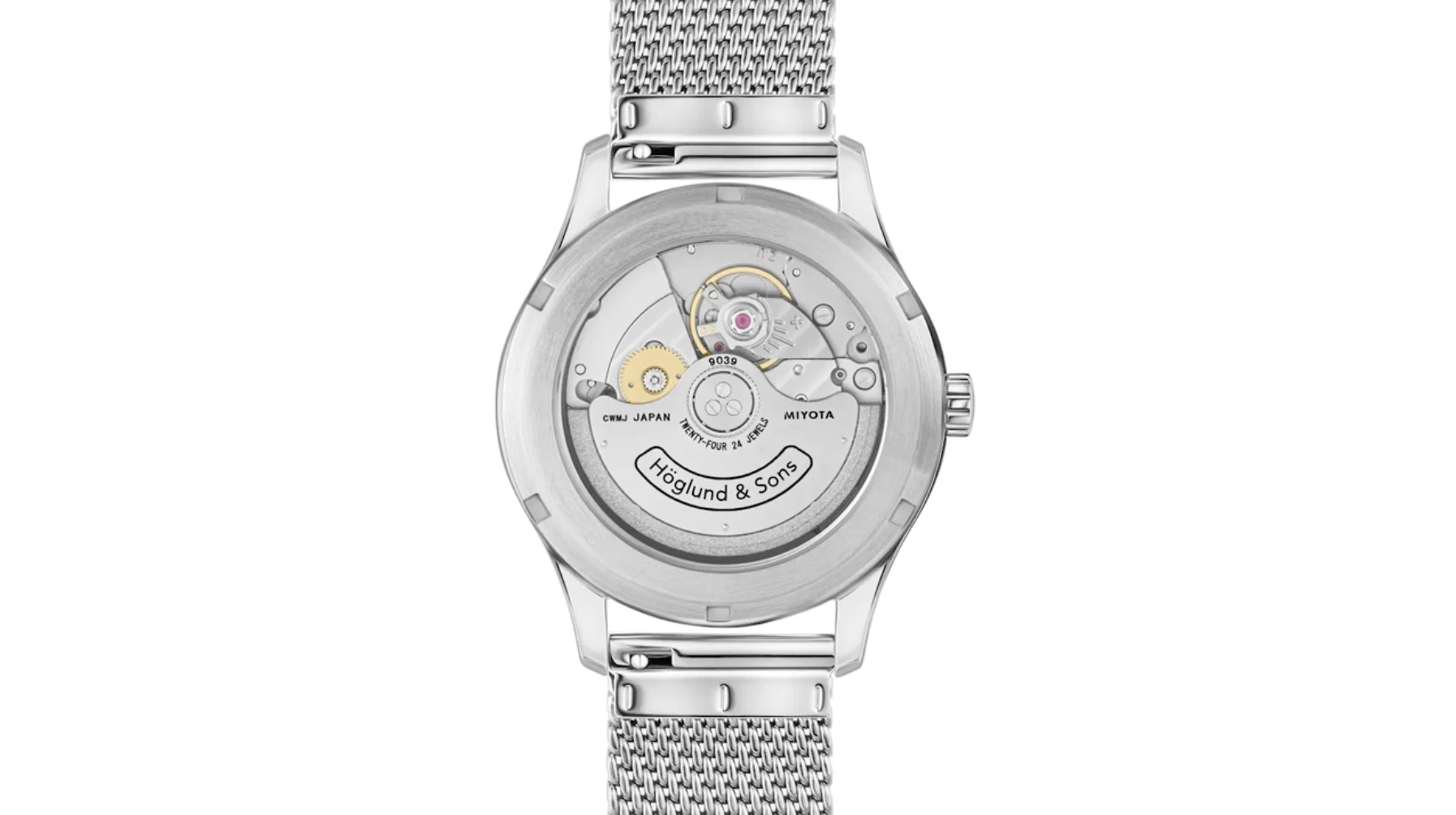 Back of a Höglund & Sons watch with an exhibition caseback revealing Miyota 9039 automatic movement and mesh bracelet.