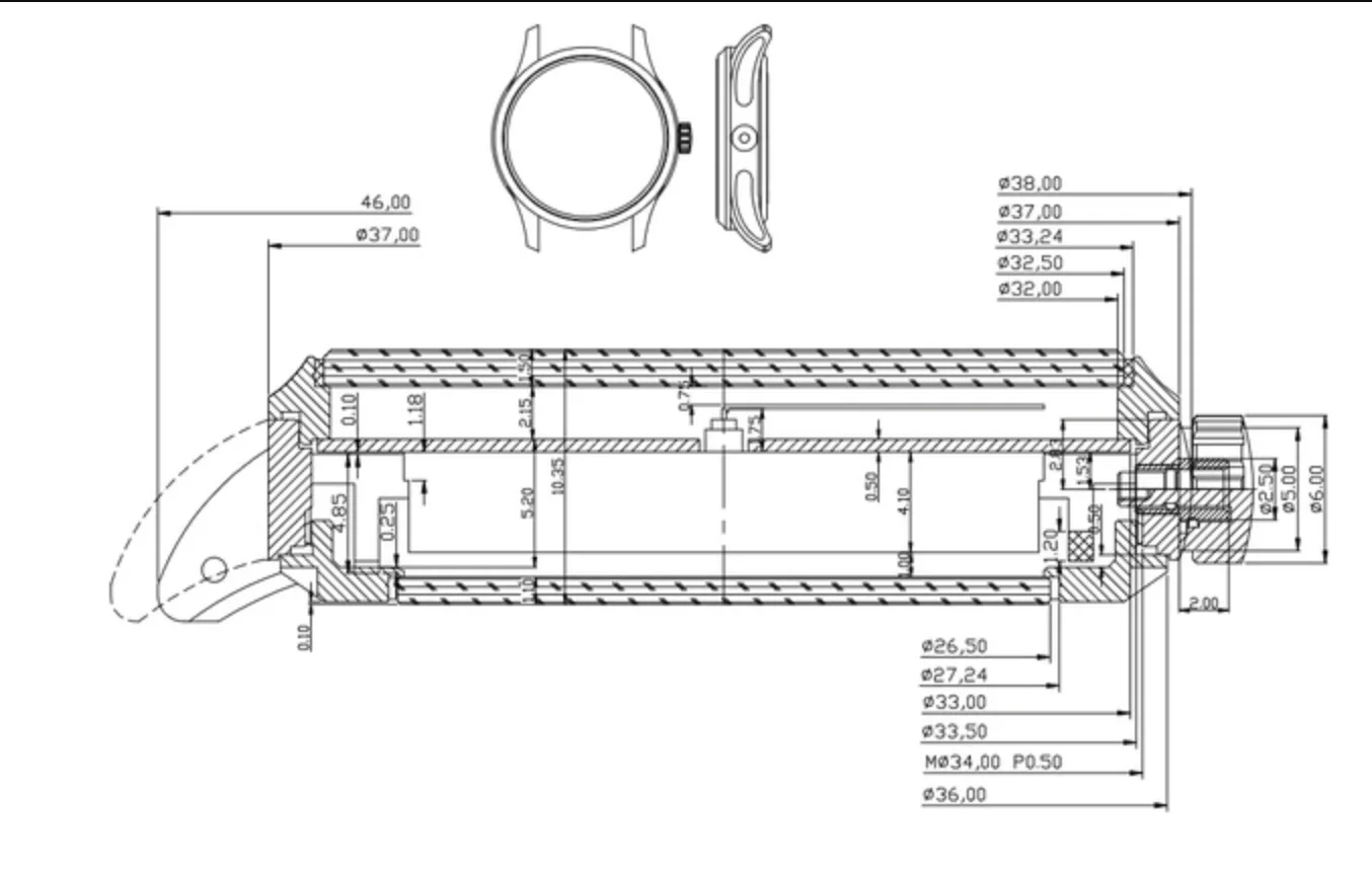 Technical drawing of a watch case: top, side, and cross-section views detailing internal parts & measurements.