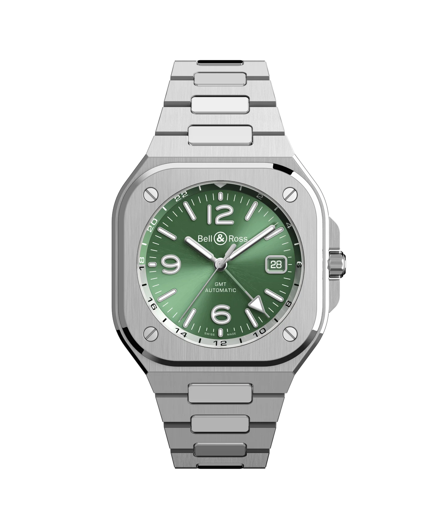 Bell & Ross square steel watch with a brushed finish, green sunburst GMT dial, date window, and integrated bracelet.