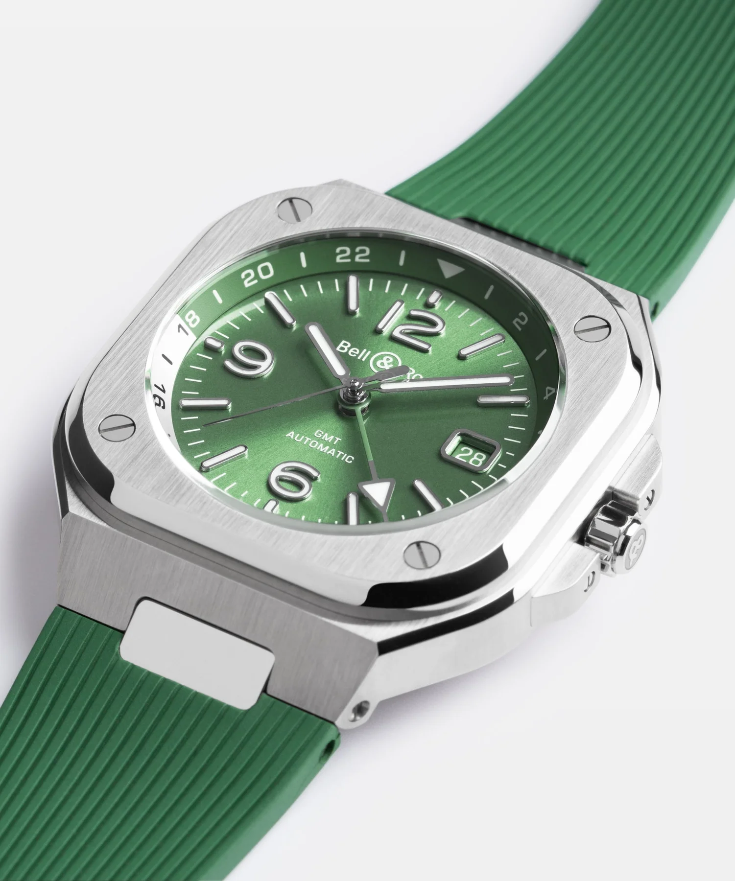 Bell & Ross BR 03-93 GMT automatic watch, square brushed steel case, vibrant green dial, green rubber strap.
