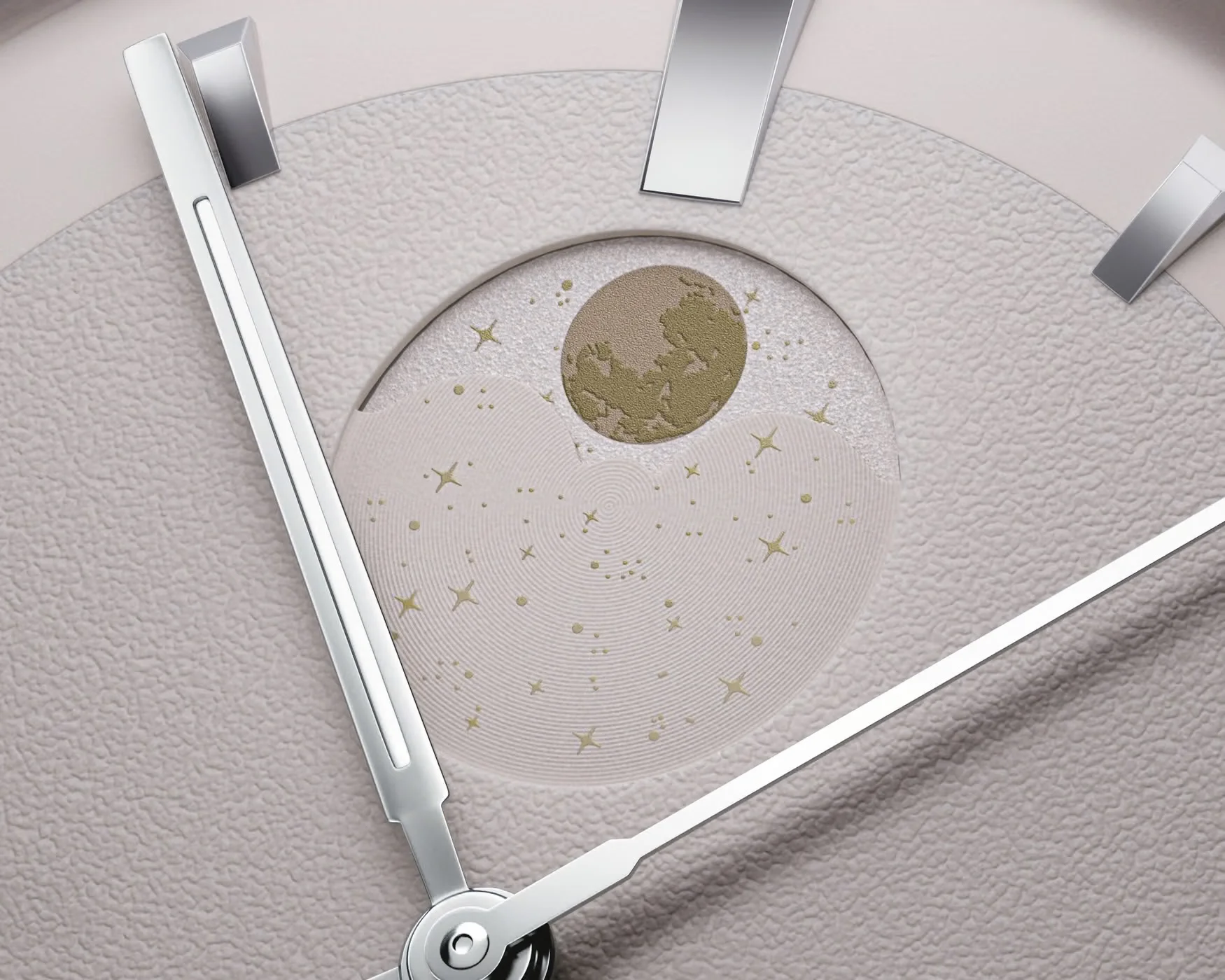 Macro of luxury watch dial: textured light-colored face, silver hands, golden moon phase with continents and stars.