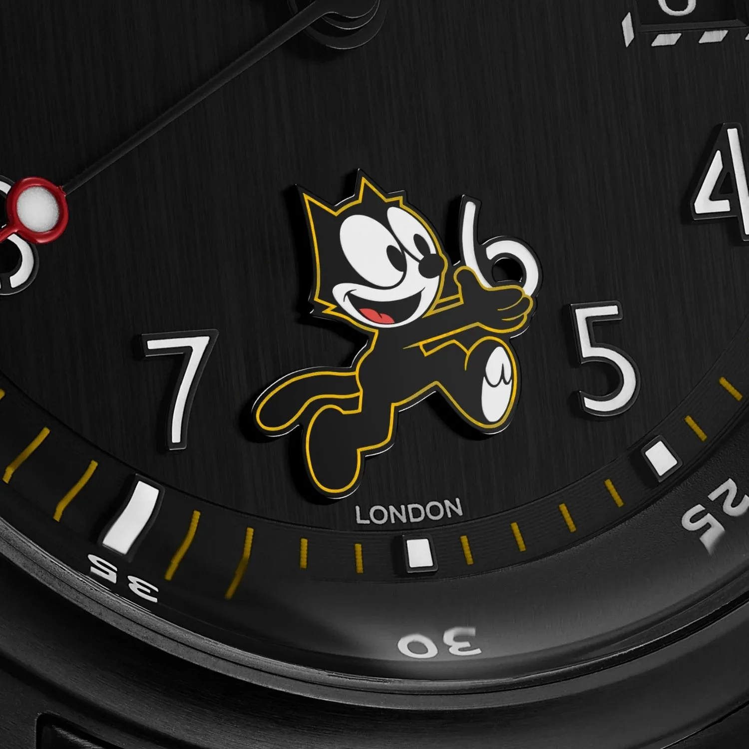 Close-up of a textured black luxury watch dial with a smiling Felix the Cat, white numbers, yellow markers, LONDON, and hands.