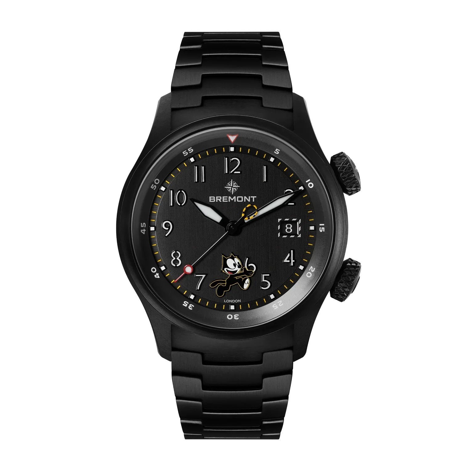 All-black Bremont military-style watch with Felix the Cat on its dial, yellow markers, and a matching metal bracelet.
