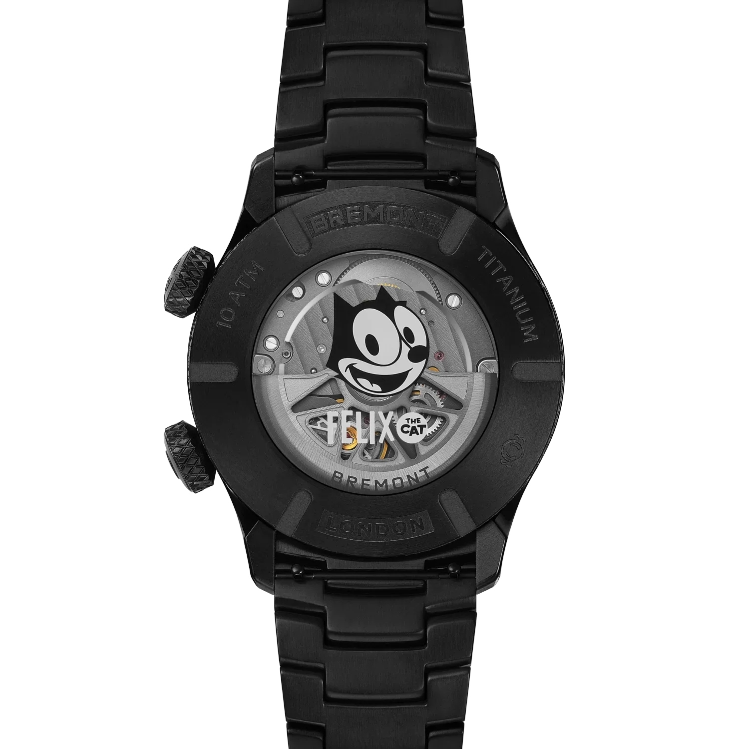 Black Bremont titanium watch, rear view. Felix the Cat on movement rotor through exhibition caseback.