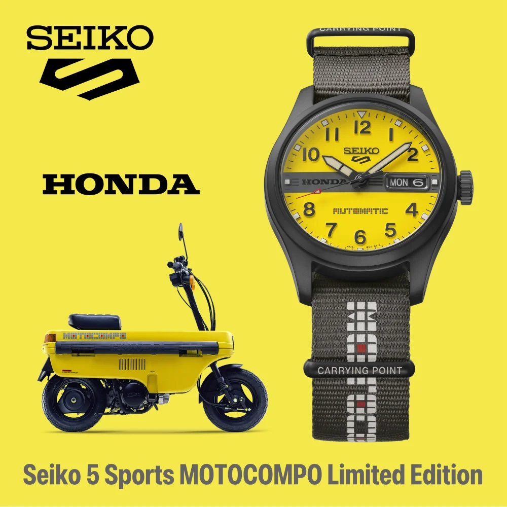 Seiko 5 Sports MOTOCOMPO watch: black case, yellow Honda dial, black Honda strap. Yellow Honda Motocompo scooter.