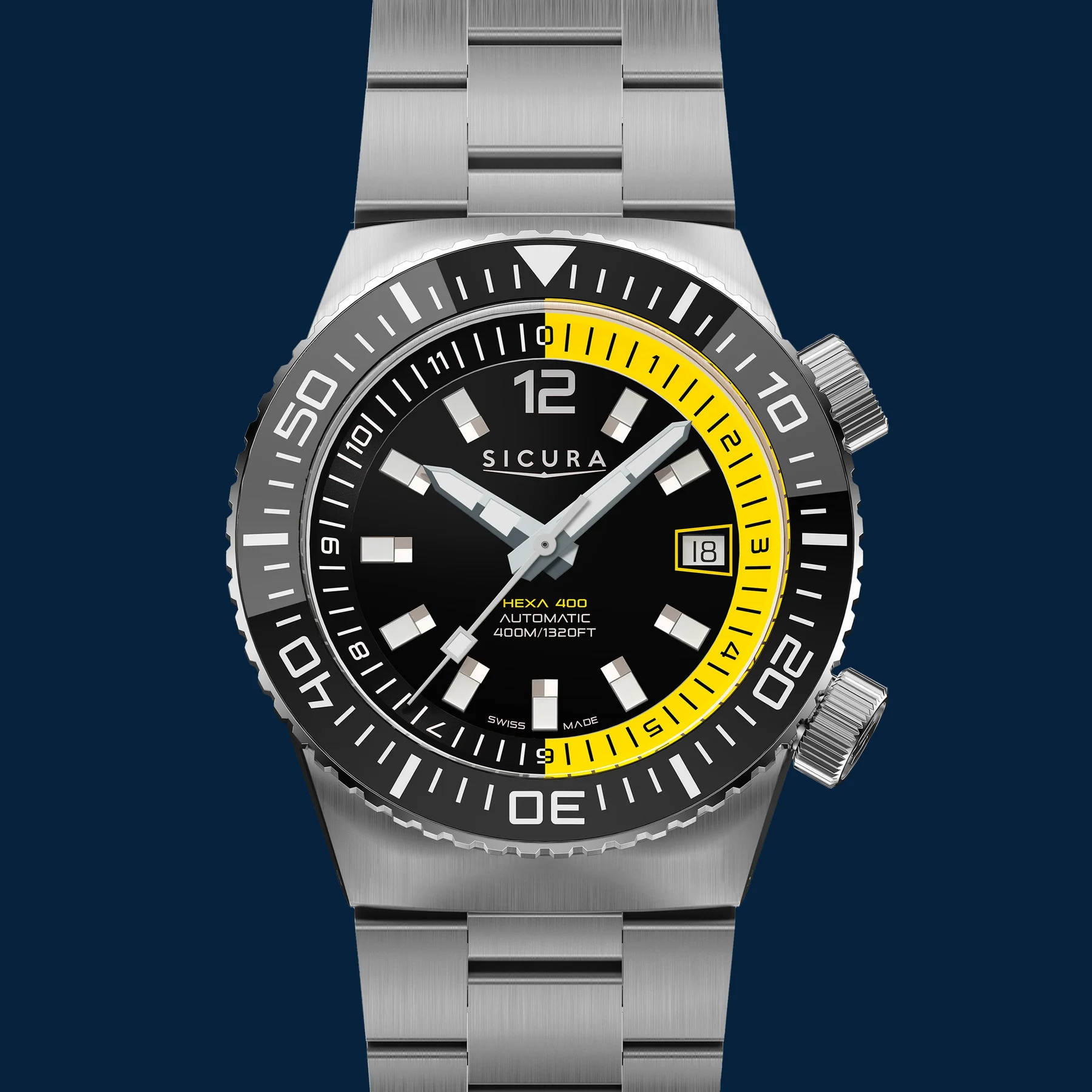 SICURA HEXA 400 automatic diver. Black dial with yellow inner minute track, date 18, steel bracelet, twin crowns.