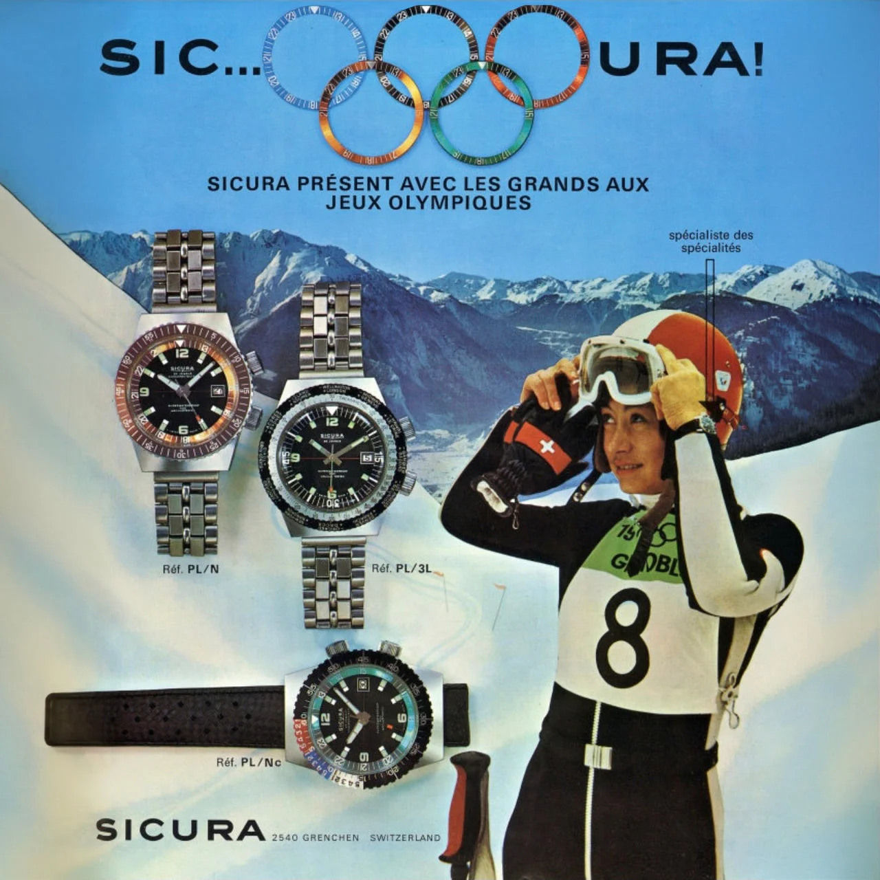 Vintage Sicura ad: three sport watches and a skier adjusting goggles against snowy mountains with Olympic rings.