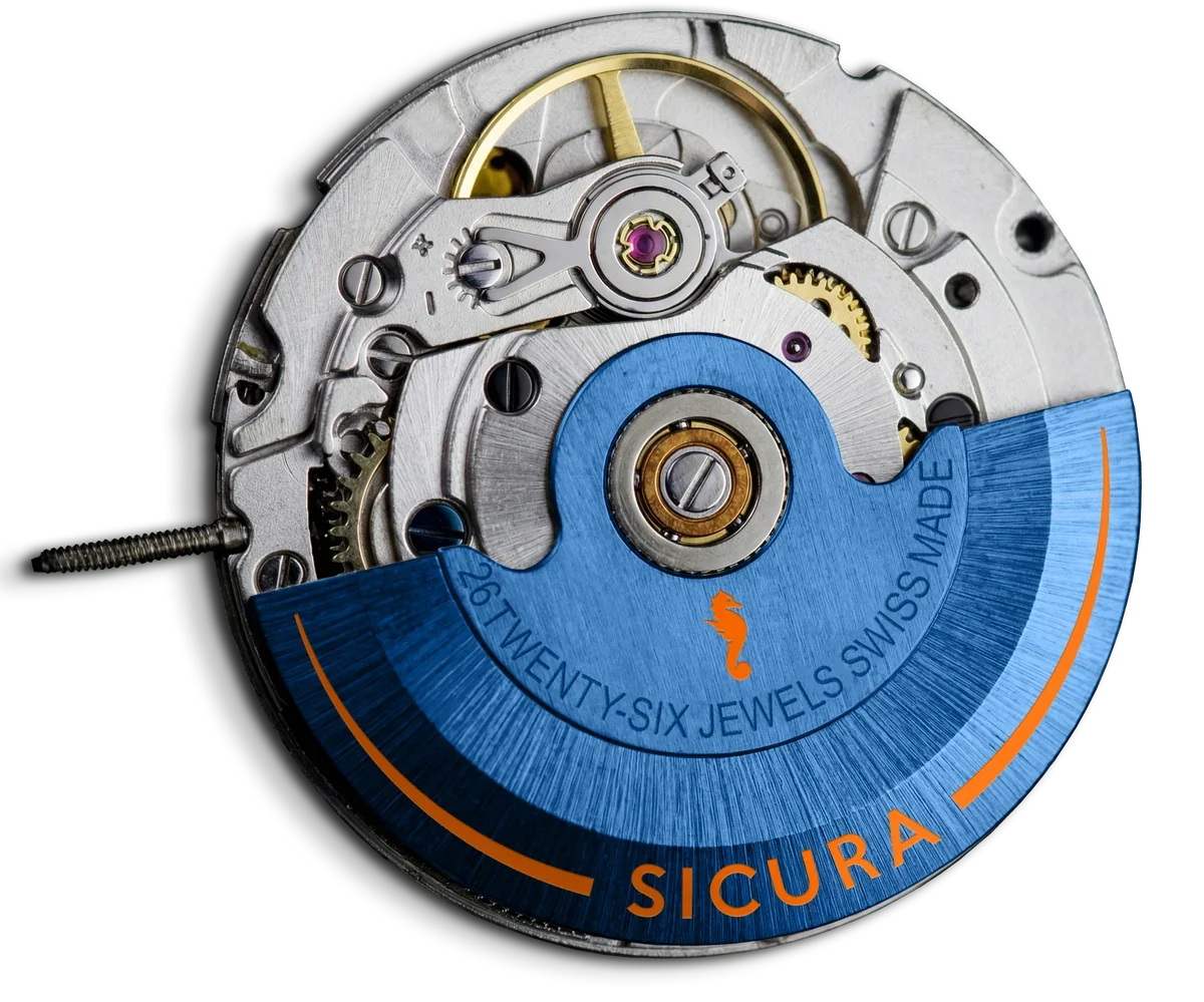 Sicura Swiss Made mechanical watch movement with blue oscillating weight, orange seahorse logo, visible gears and jewels.