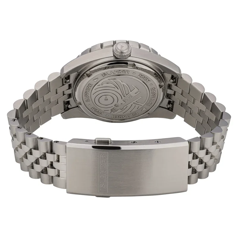 Back of an Islander steel dive watch, engraved case back with island logo, jubilee bracelet, 