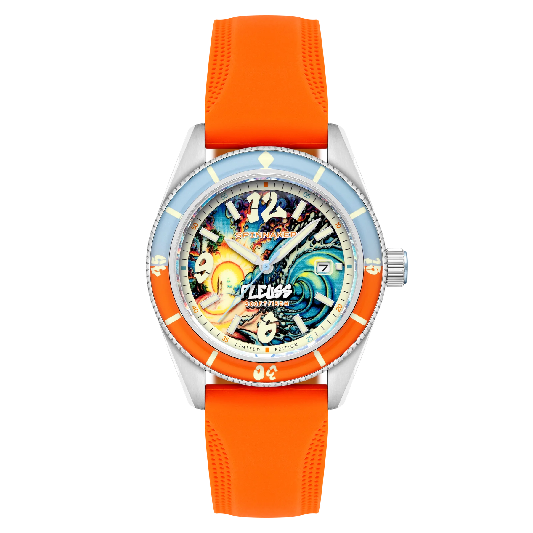 Spinnaker Fleuss watch, colorful wave & sun dial, blue & orange diving bezel, bright orange rubber strap.