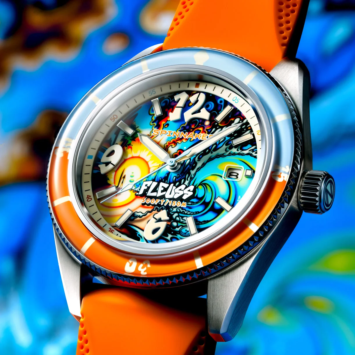 Spinnaker Fleuss watch: orange strap, blue/orange bezel, colorful dial with surfing waves, sun, and white numbers.