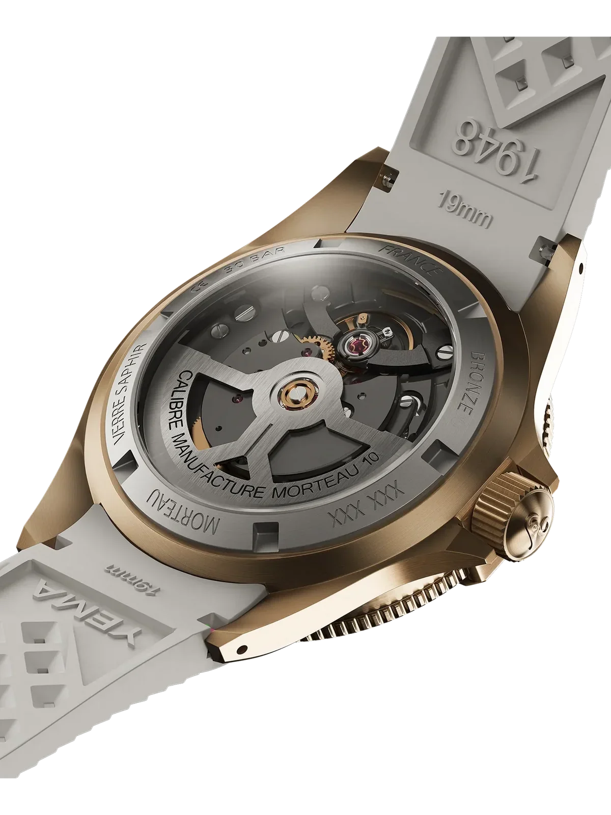 Back view of a bronze watch with white rubber strap. Exhibition caseback reveals complex mechanical movement and detailed engravings.