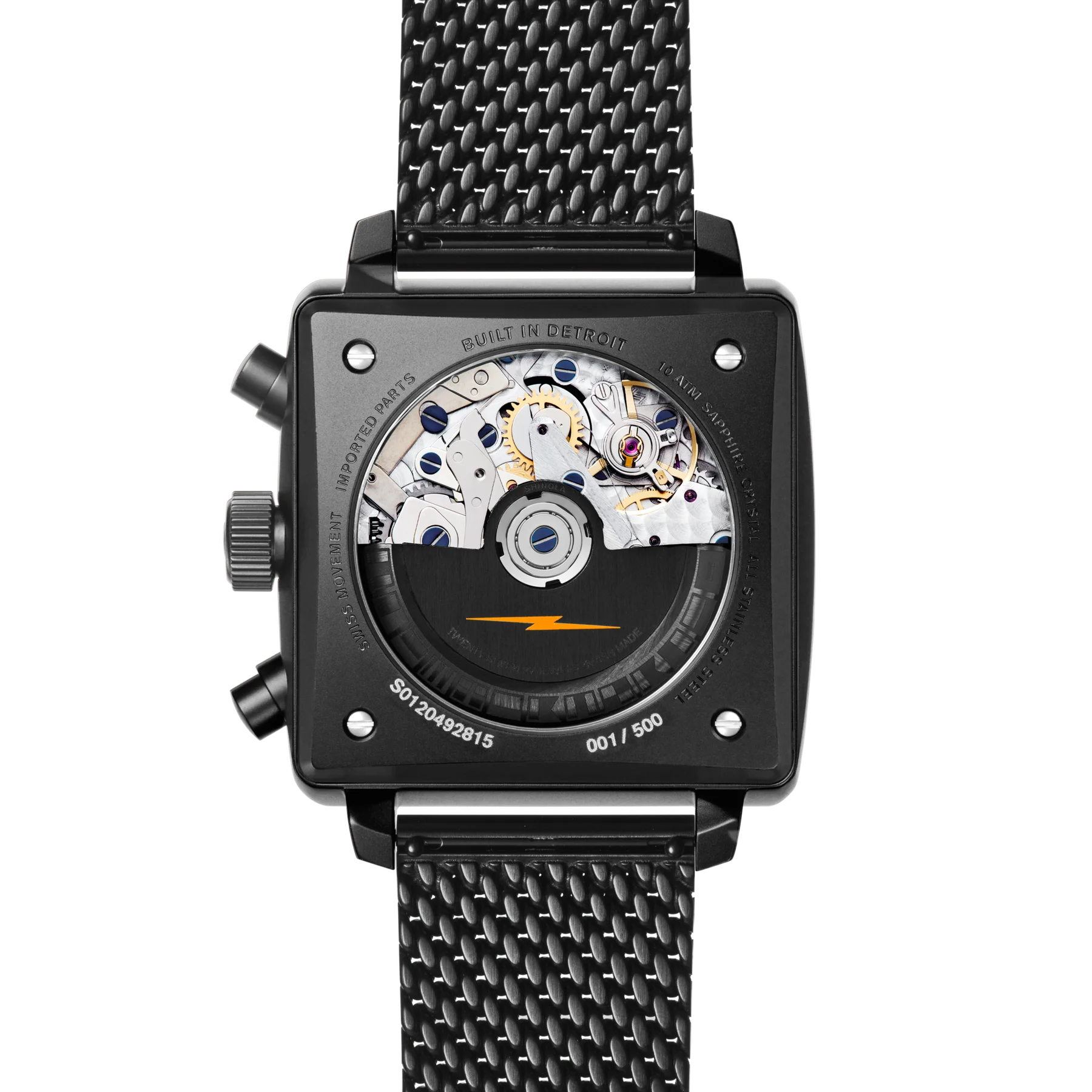 Back of a black square watch with mesh band. Clear caseback reveals intricate mechanical movement, gears, jewels, lightning bolt rotor.