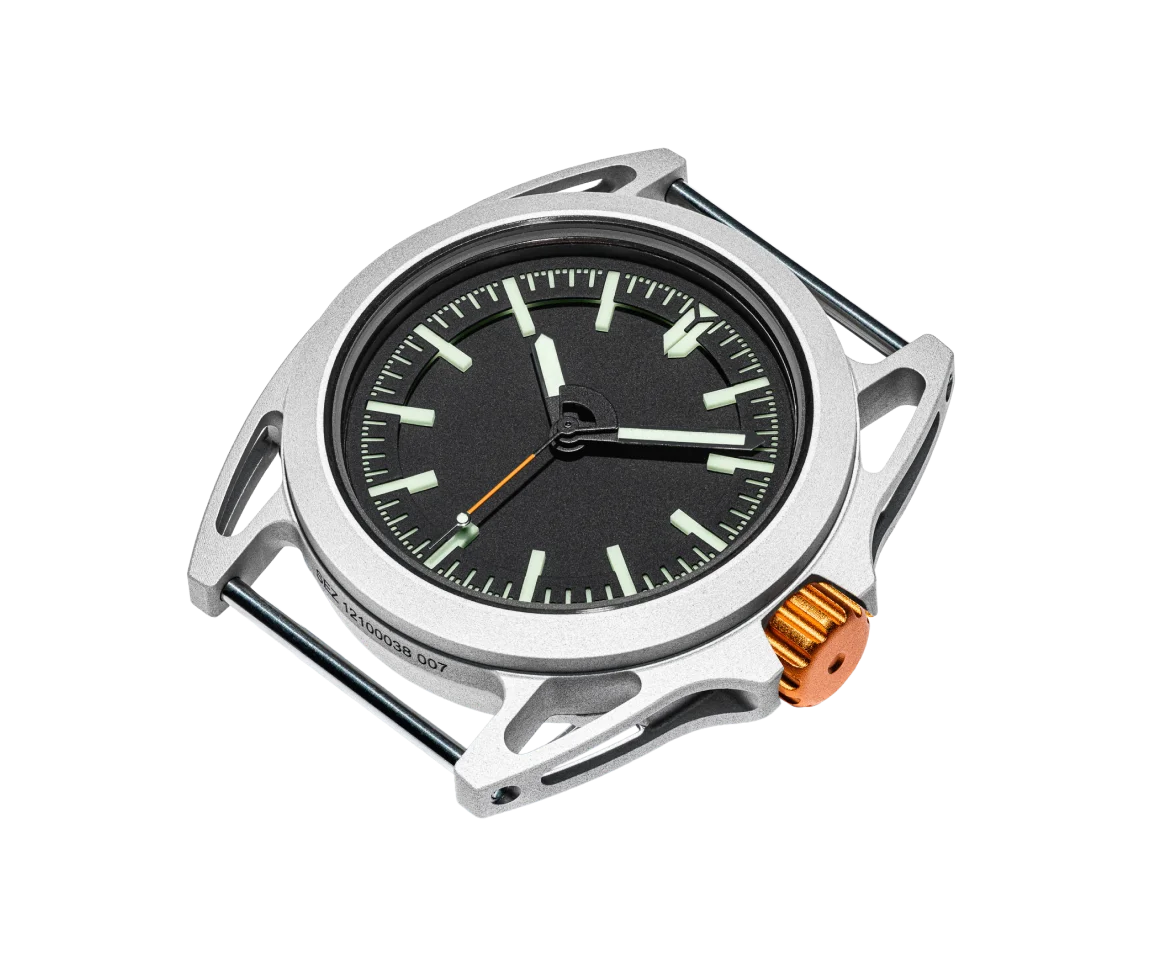 Silver skeletal-cased watch with black dial, luminous bar markers & hands, orange seconds hand tip, and copper crown.
