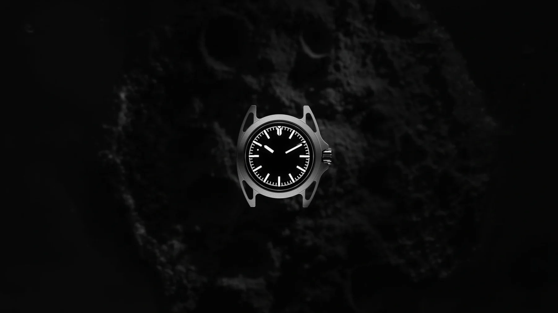 Silver watch case with black dial, white luminous hands and markers, on a dark, textured background.