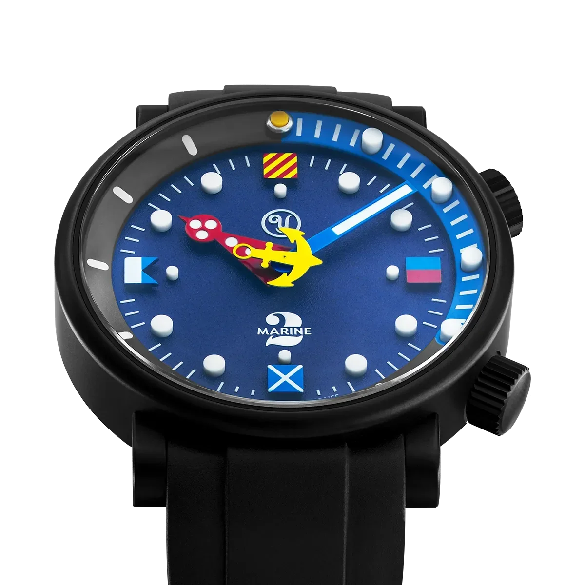 Black watch with a blue dial, red diver hour hand, yellow anchor minute hand, colorful flag markers, black strap.