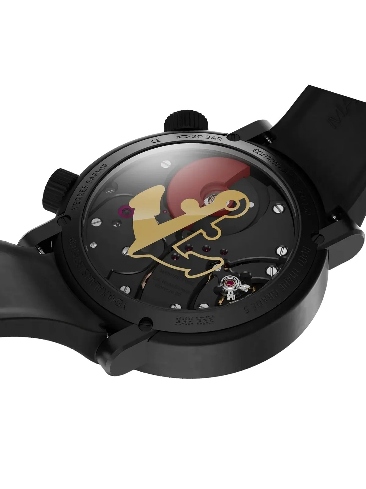 Black luxury watch case back, transparent view of movement with gold anchor rotor, red part, and ruby jewels.