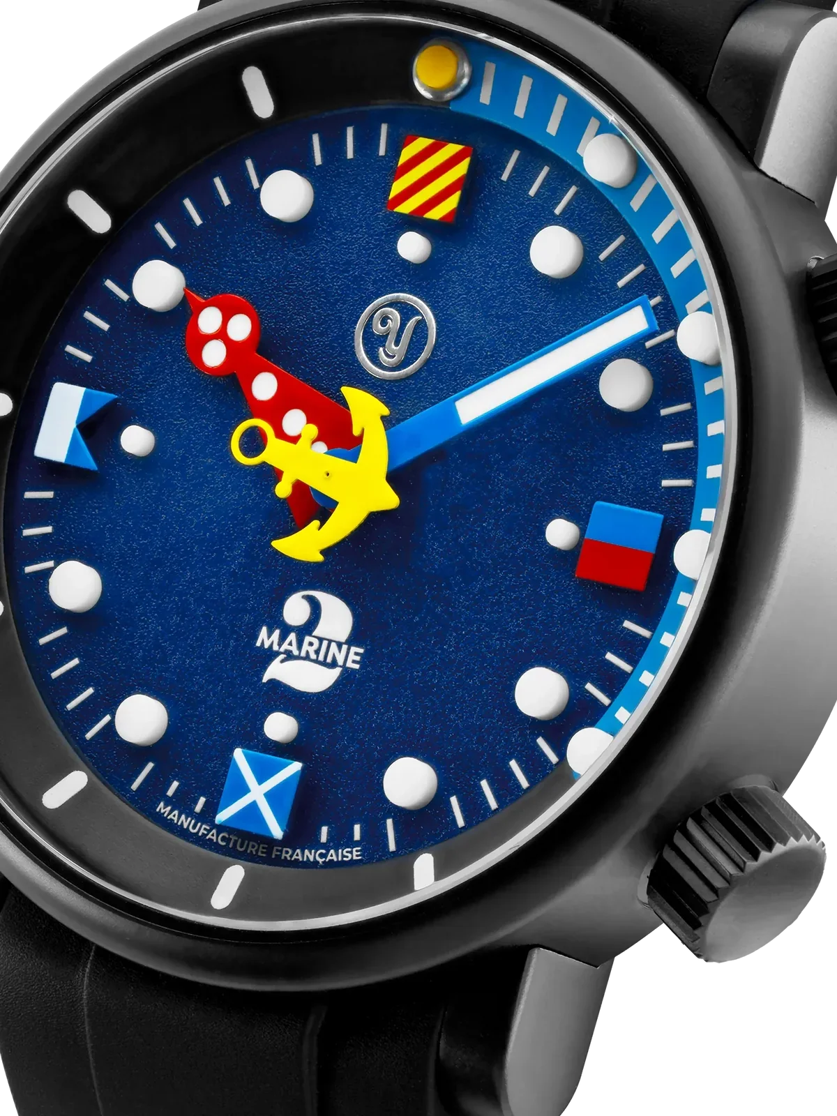Close-up of a vibrant blue dive watch dial with red-dotted hour, yellow anchor seconds, blue minute, marine flag markers & black case.