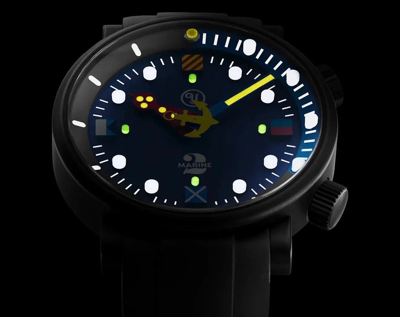 Black watch, dark blue luminous dial with white hour markers, yellow minute hand, and a colorful anchor-shaped hour hand.
