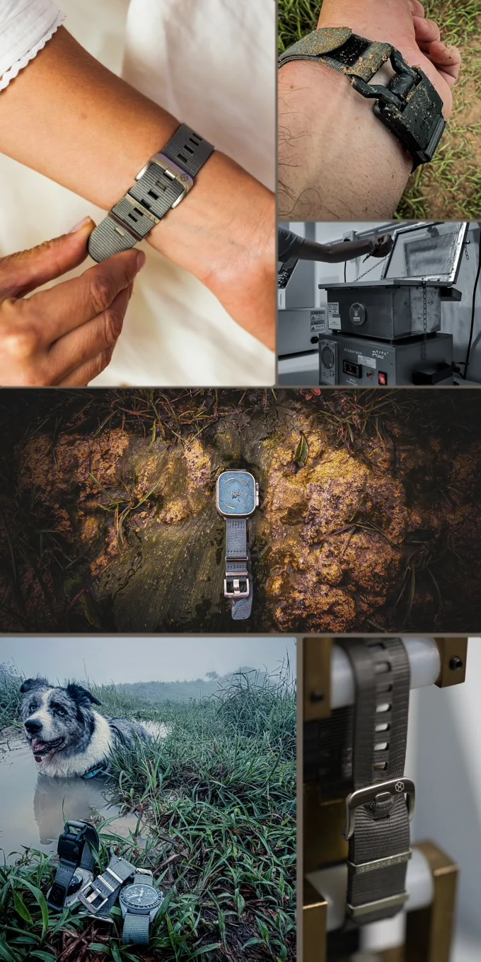 Collage: Grey watch strap on wrist, muddy watch outdoors, lab testing, watch on dirt, watches by dog in puddle.