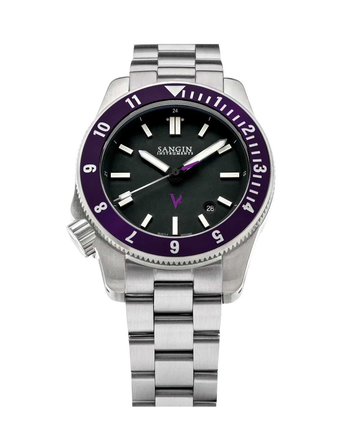Stainless steel Sangin Instruments dive watch with black dial, purple bezel, and metal bracelet.