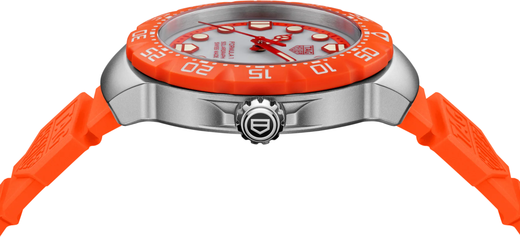 TAG Heuer Formula 1 Solargraph watch: orange bezel & strap, silver case, grey dial, red hands.