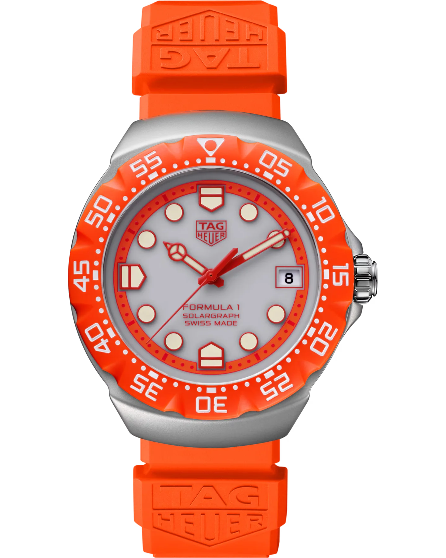 TAG Heuer Formula 1 Solargraph watch with vibrant orange rubber strap, orange bezel, silver case, light grey dial. Black background.