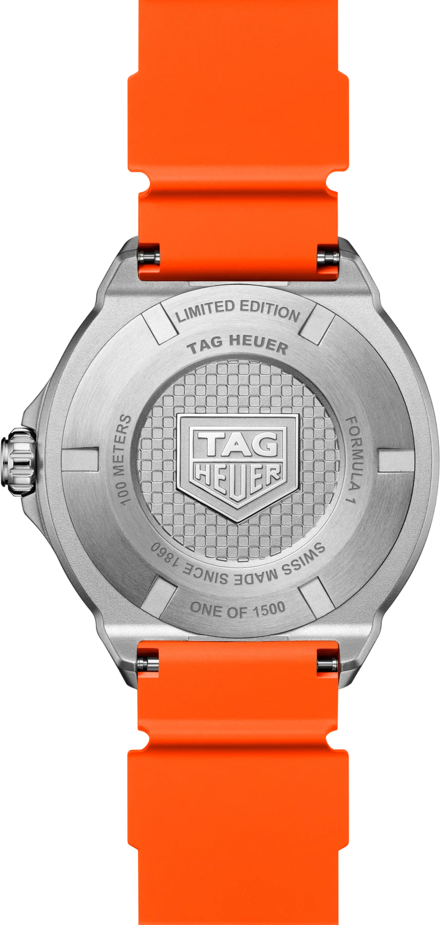 Tag Heuer Formula 1 watch back: silver case, orange rubber strap. 