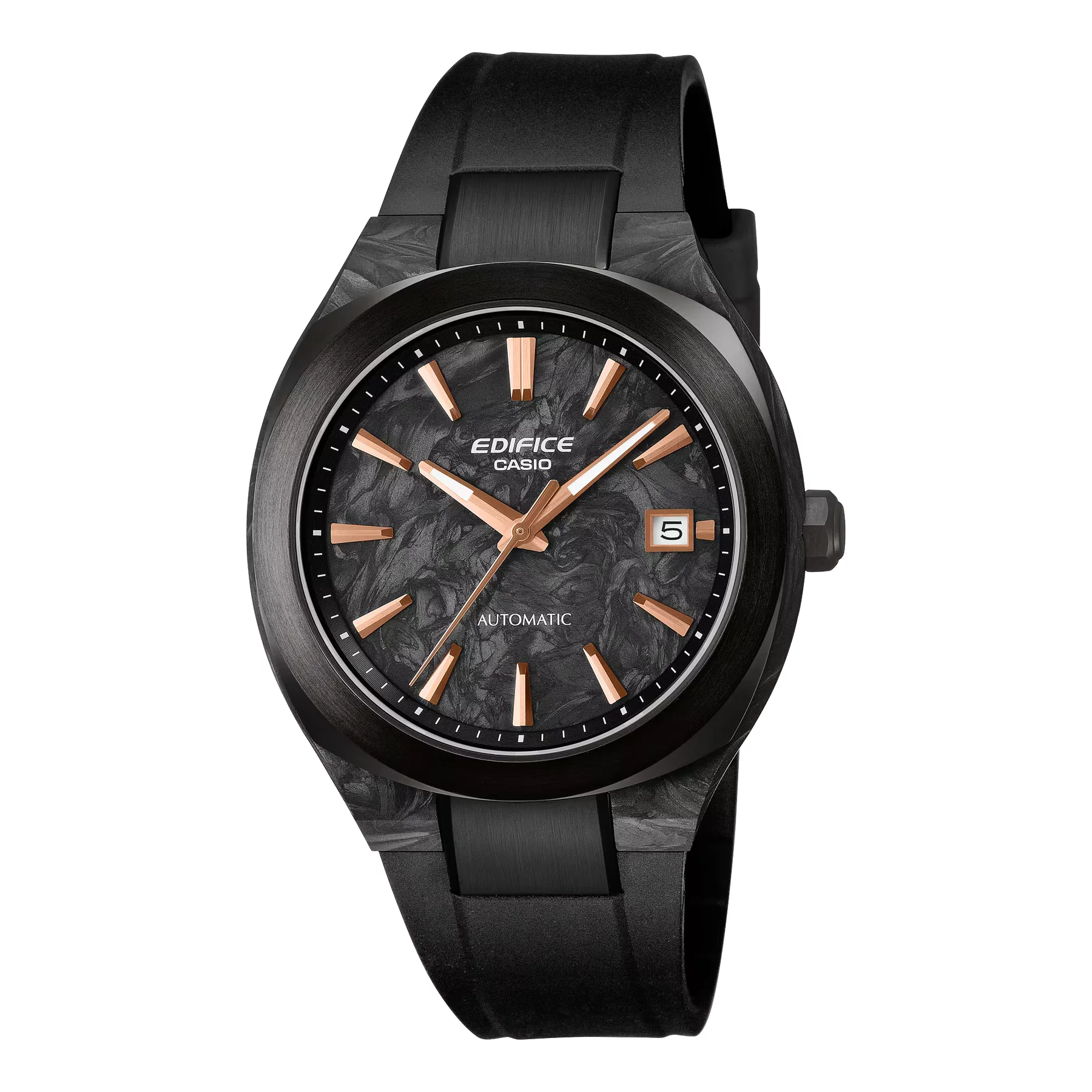 Black Edifice Casio automatic watch with carbon fiber case, dark textured dial, rose gold indices, date, black strap.