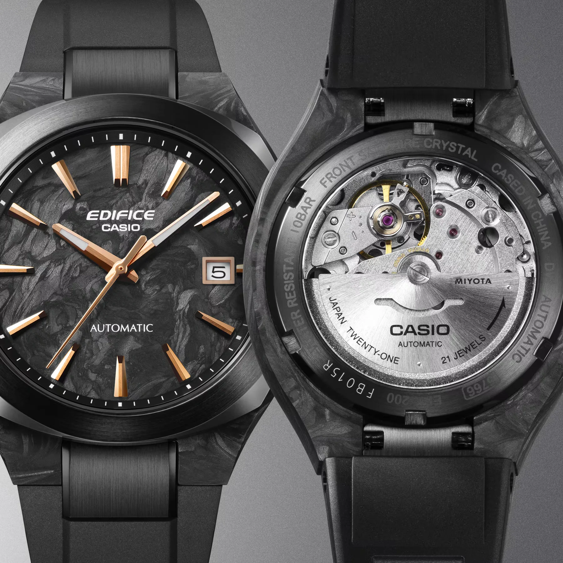 Front and back views of a black Casio Edifice automatic watch. Forged carbon dial, gold indices, exposed mechanical movement.