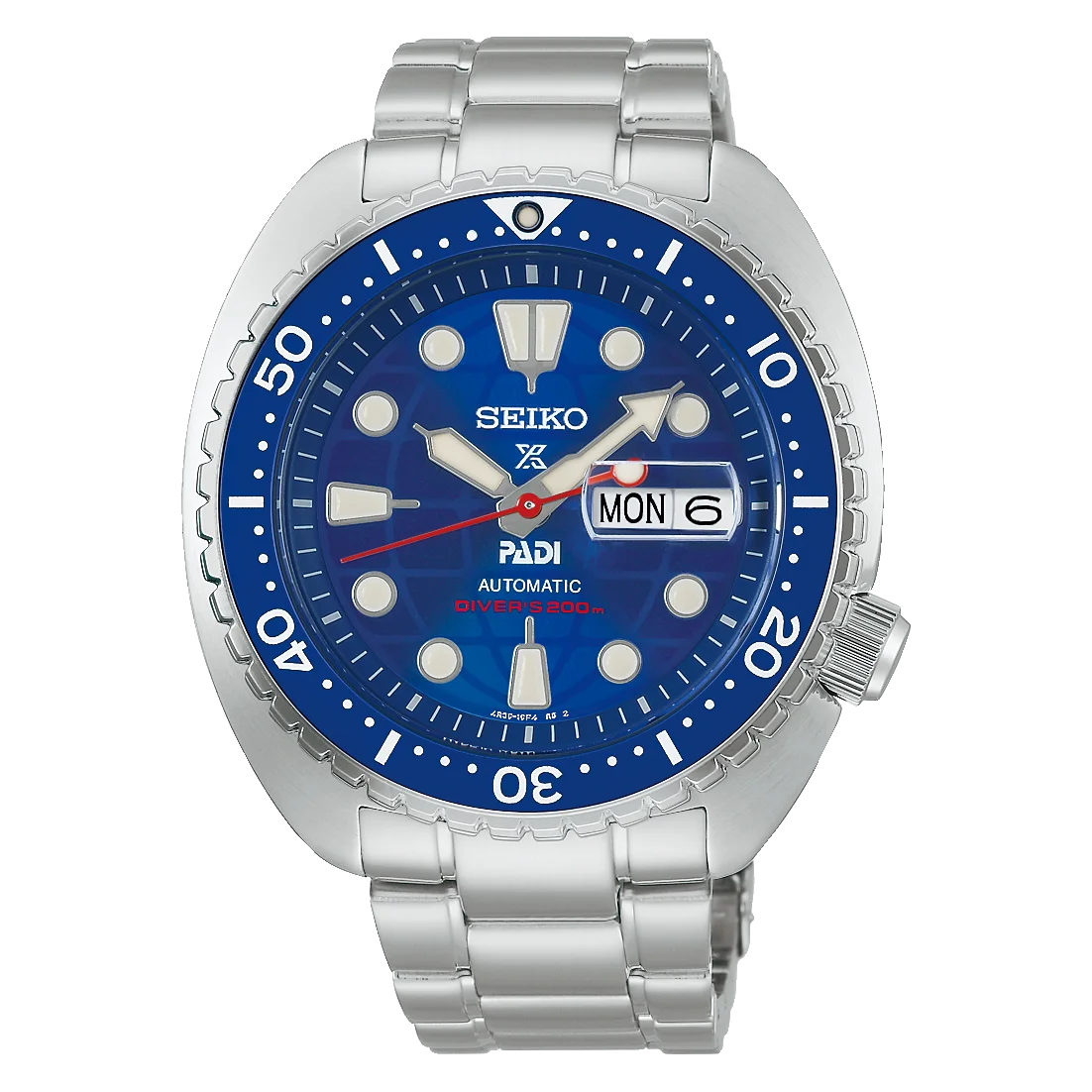 Seiko PADI automatic diver's watch. Blue textured dial, blue bezel, steel case/bracelet, red seconds hand, day/date.