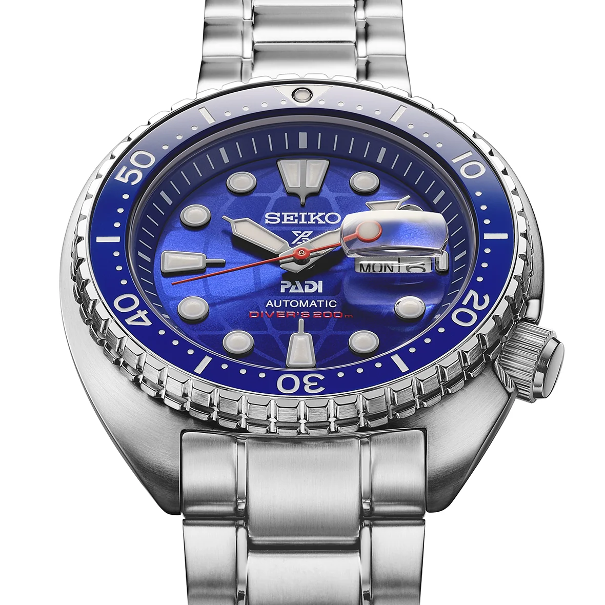 Seiko PADI Automatic Diver's 200m watch. Blue dial, blue bezel, stainless steel case & bracelet, magnified day/date.