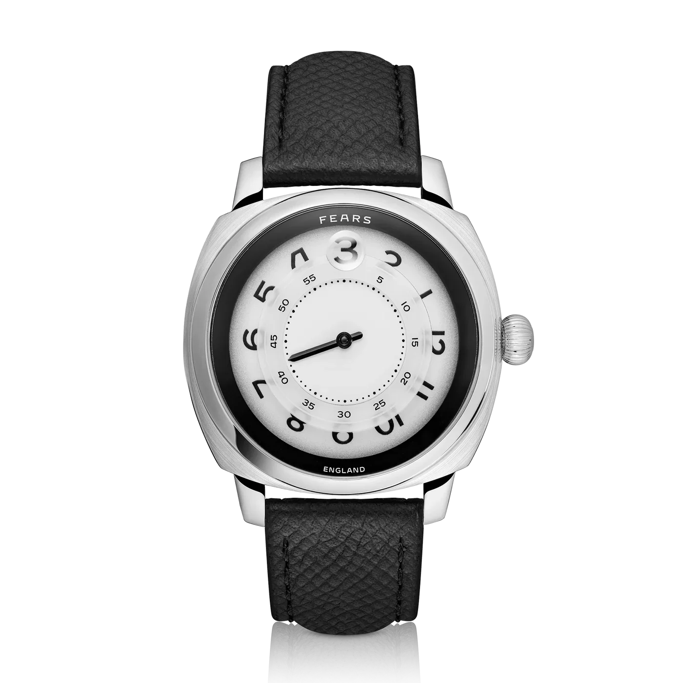 Close-up of a silver Fears watch with a white and black dial, unique Arabic numerals, black hands, and a black leather strap, on a black background.