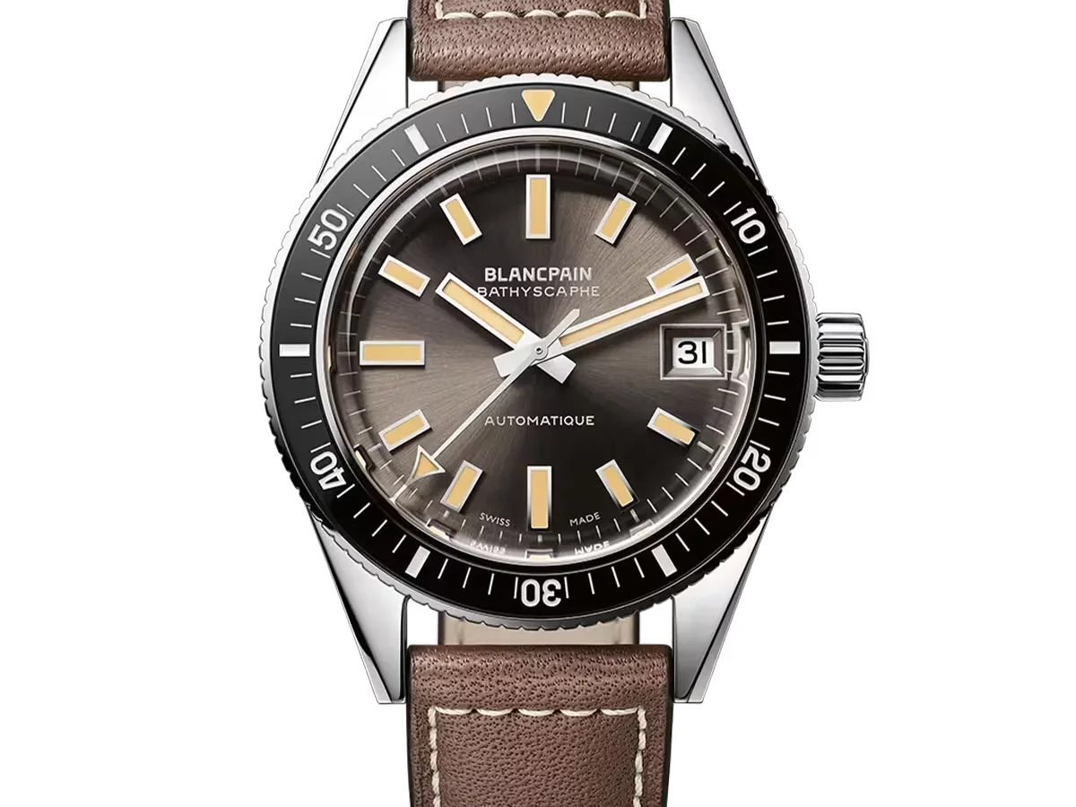 Blancpain Bathyscaphe automatic dive watch, grey sunburst dial, black bezel, date at 3, brown leather strap.