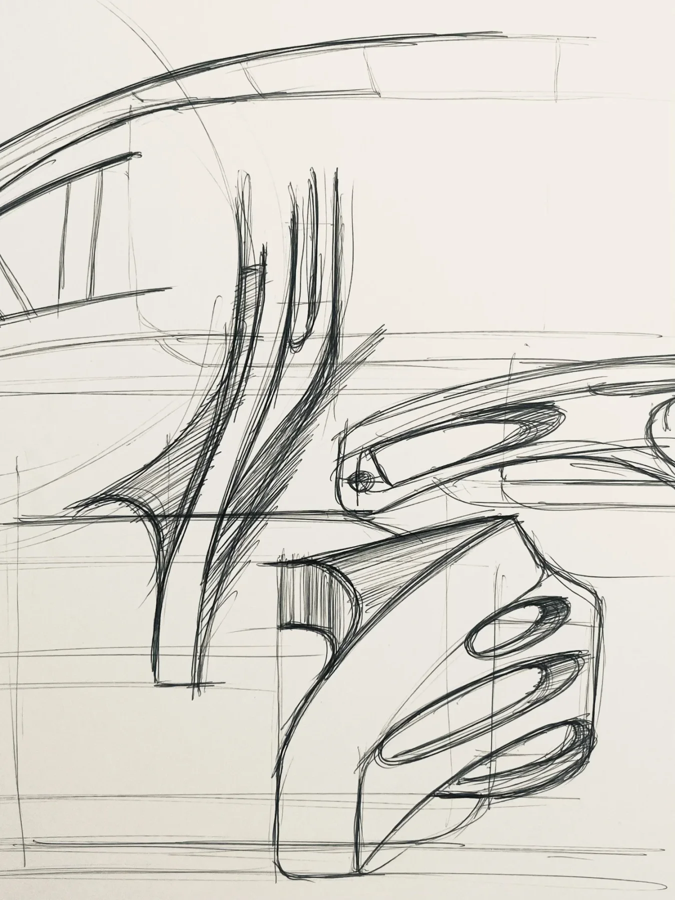 Black ink drawing of early luxury watch design concepts, showing case forms & detailed components.