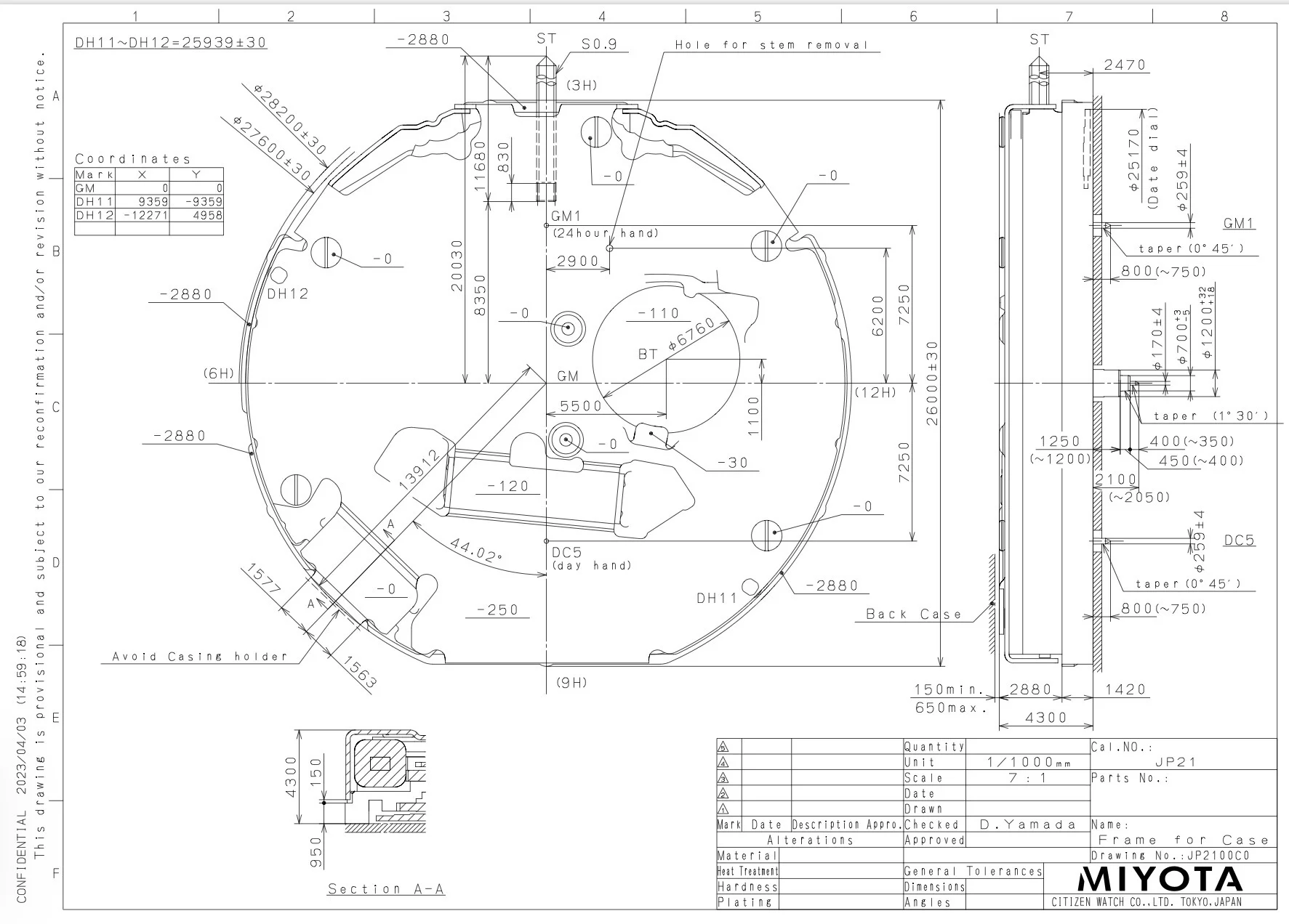 Technical drawing of a Miyota watch movement's case, with detailed dimensions, coordinates, and assembly features.