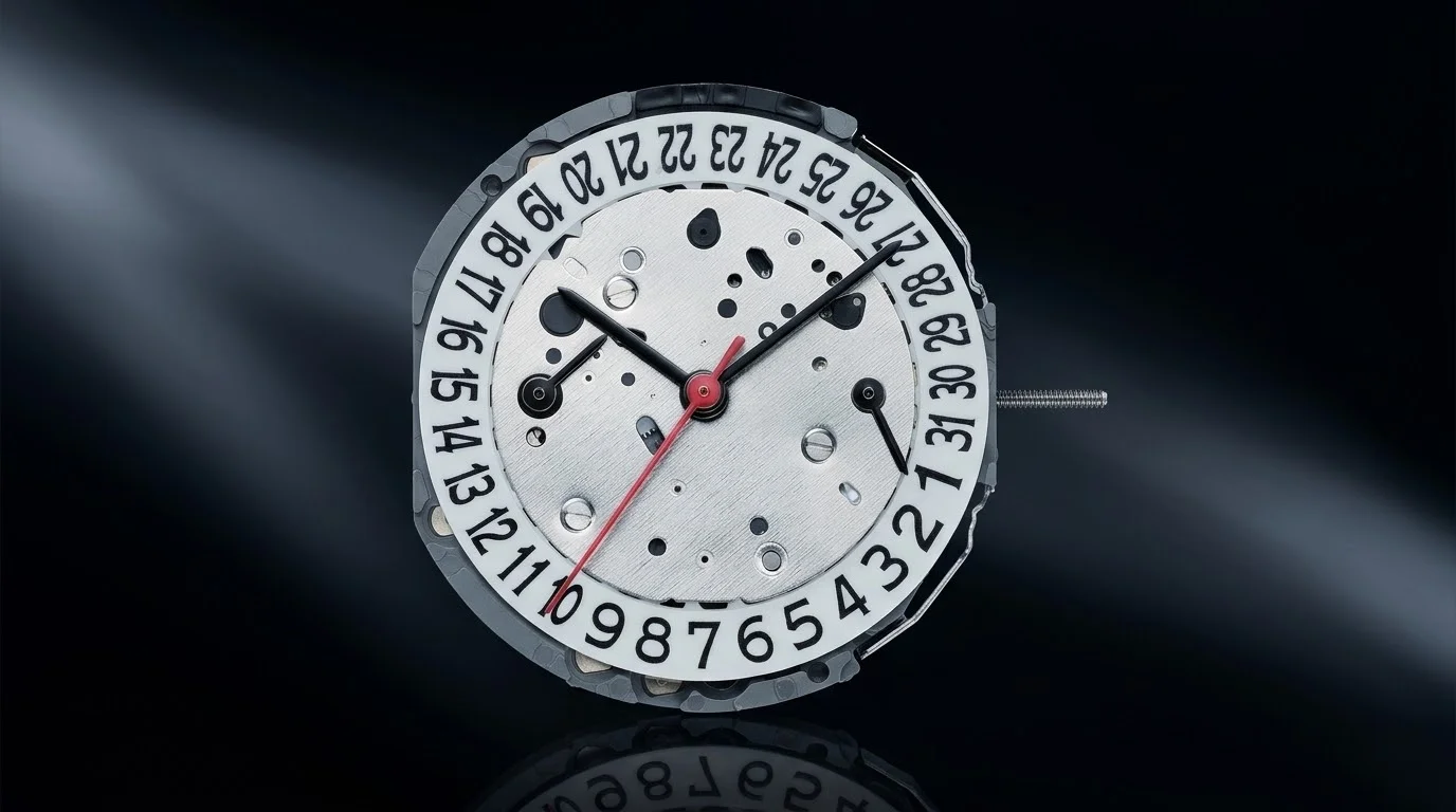 Watch movement's dial side, silver mainplate, black hour/minute hands, red seconds hand, white date wheel (1-31), on dark reflective surface.