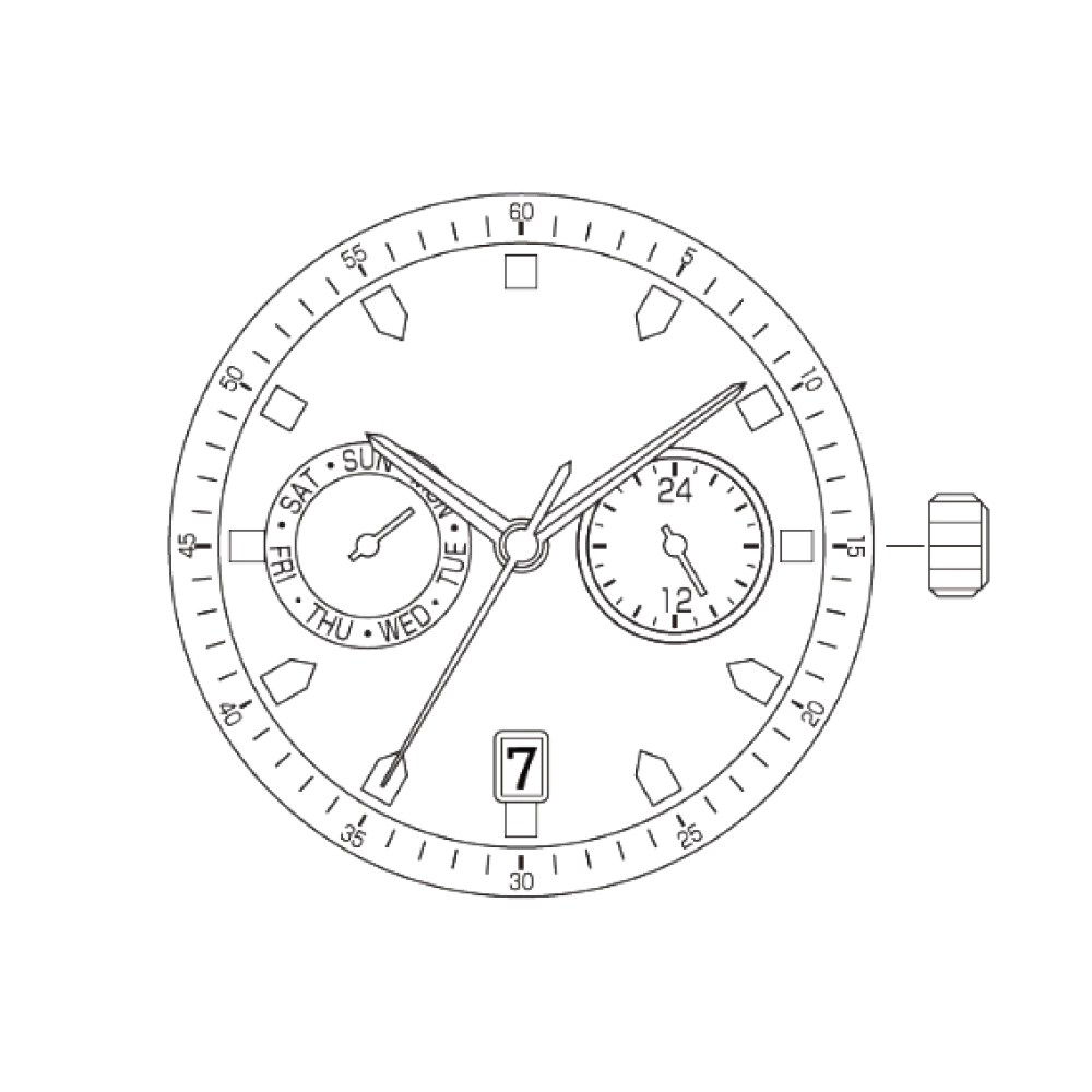 Intricate outline of a watch dial on black, showing day, 24-hour subdials, date '7', hands, and crown.